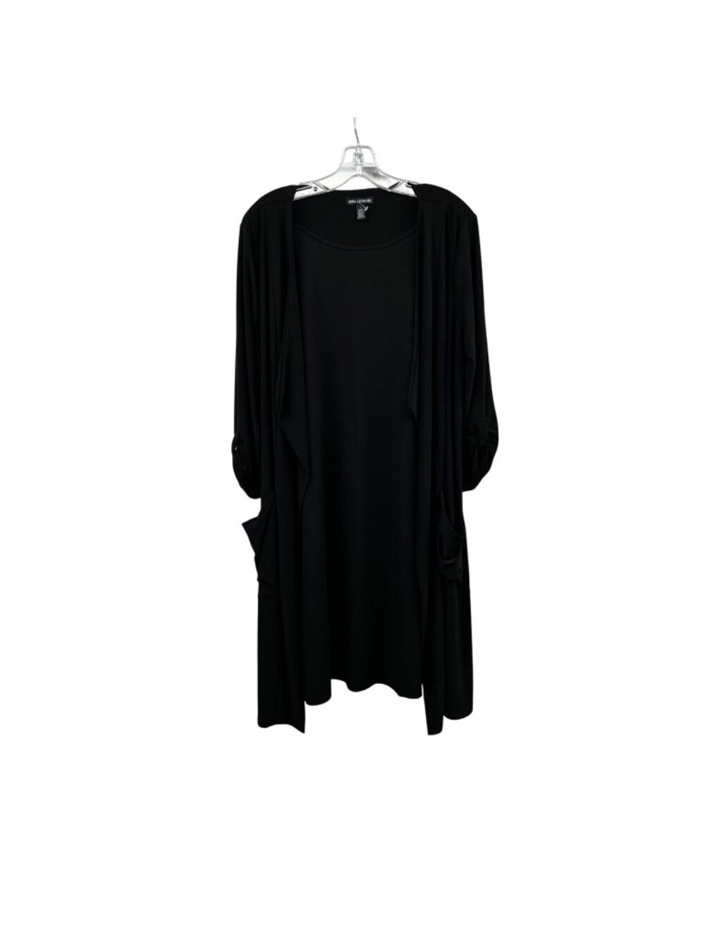 Nina Leonard Womens Open Front Duster Jacket 3/4 Sleeve Black Pockets Size Large